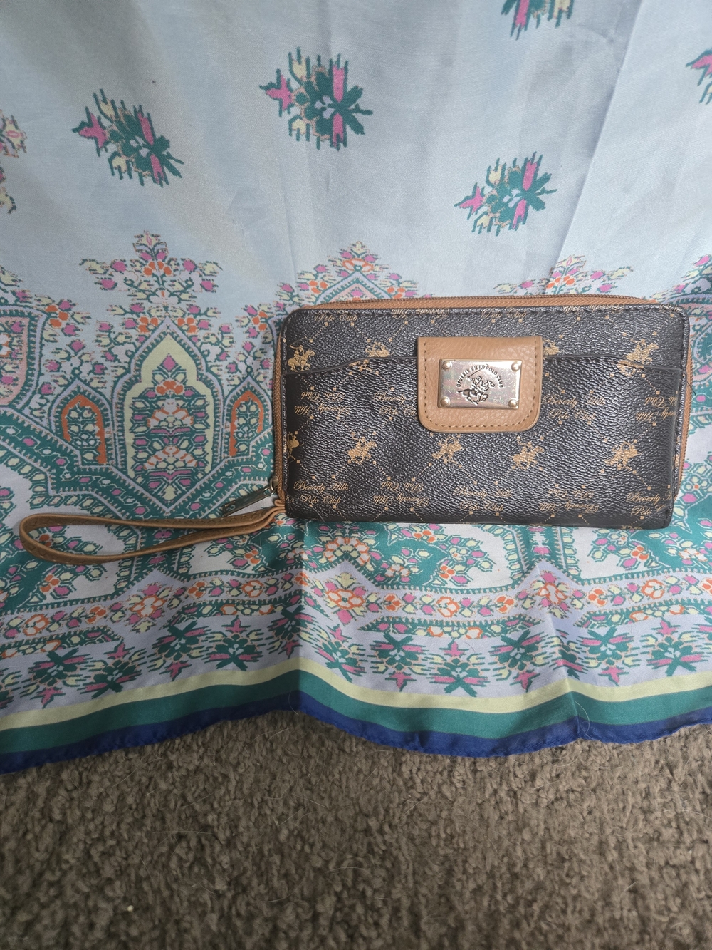 Beverly Hills Polo Club Brown Patterned Wristlet with Tan Trim
